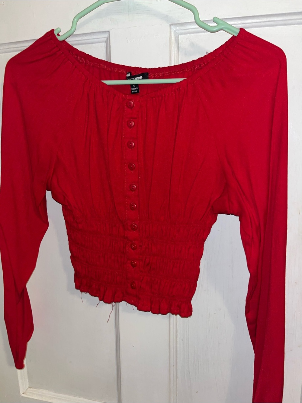 Fashion Nova Red Smocked Button-Front Crop Top